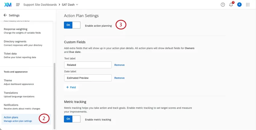 Action plans section of dashboard settings