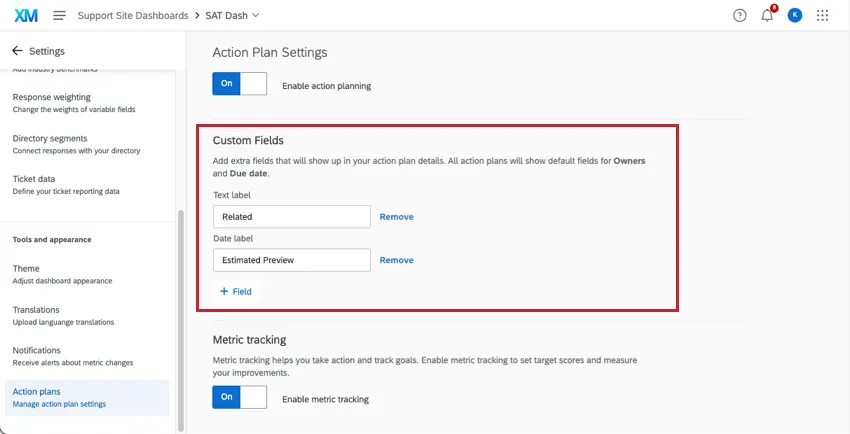 Na seção de planos de ação das configurações dashboard, seção para campos personalizados