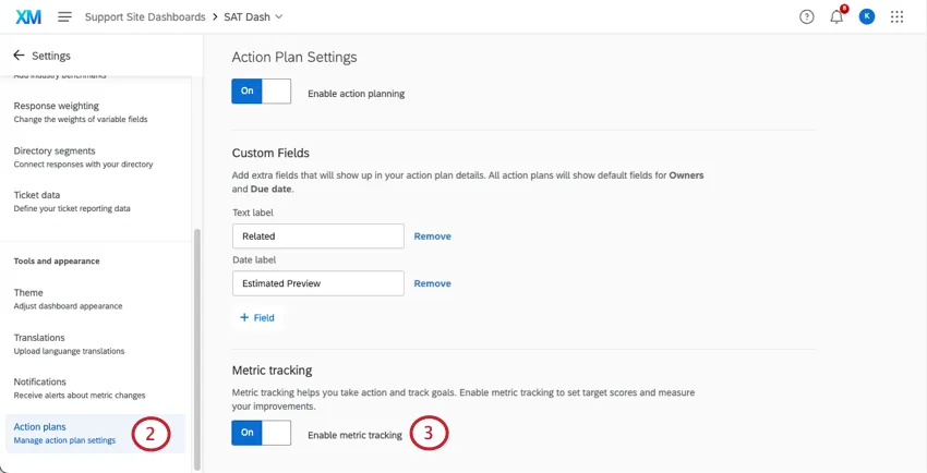 Habilite o planejamento de ações nas configurações do cx dashboards.