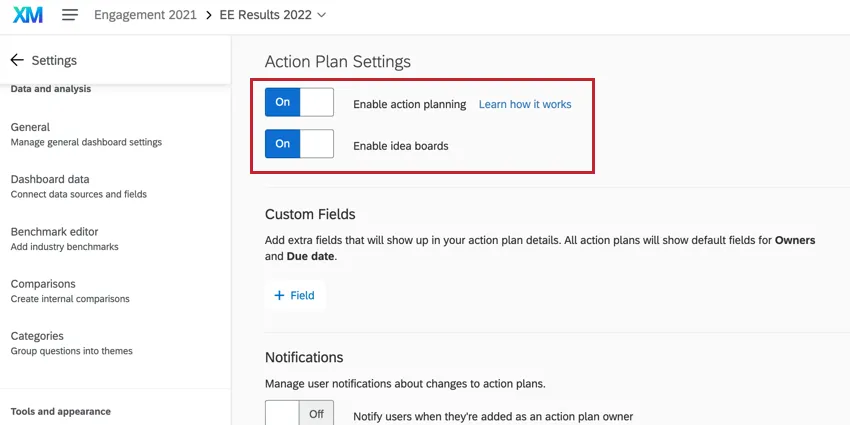 the action plan settings