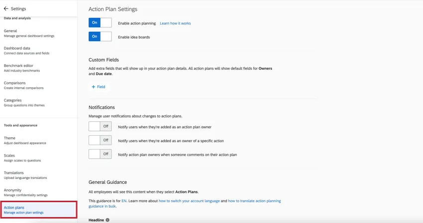 a seção de planos de ação das configurações dashboard