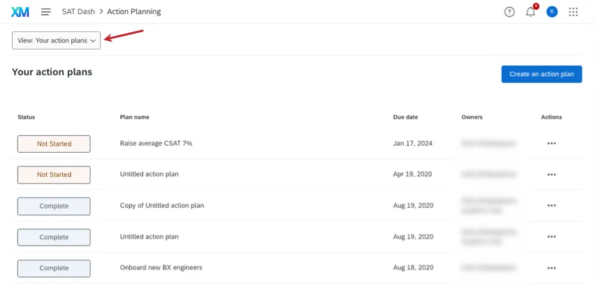 View all action plans dropdown