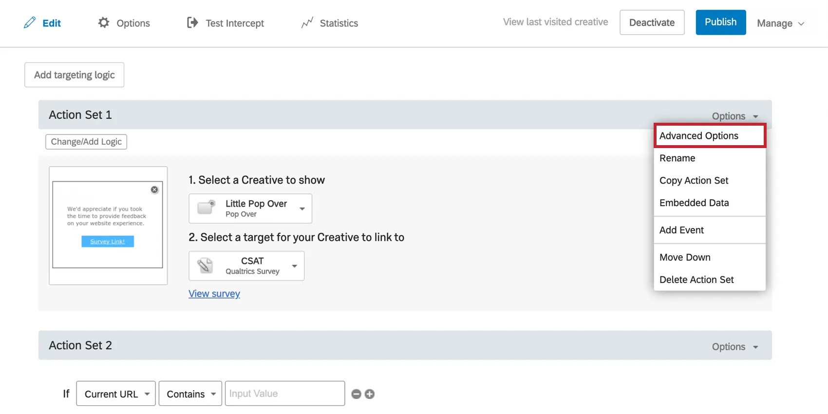 To the far-right of an Action Set, the Options dropdown reveals an Advanced Options selection