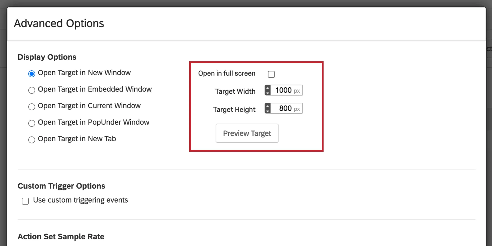 Open in full screen and target options highlighted