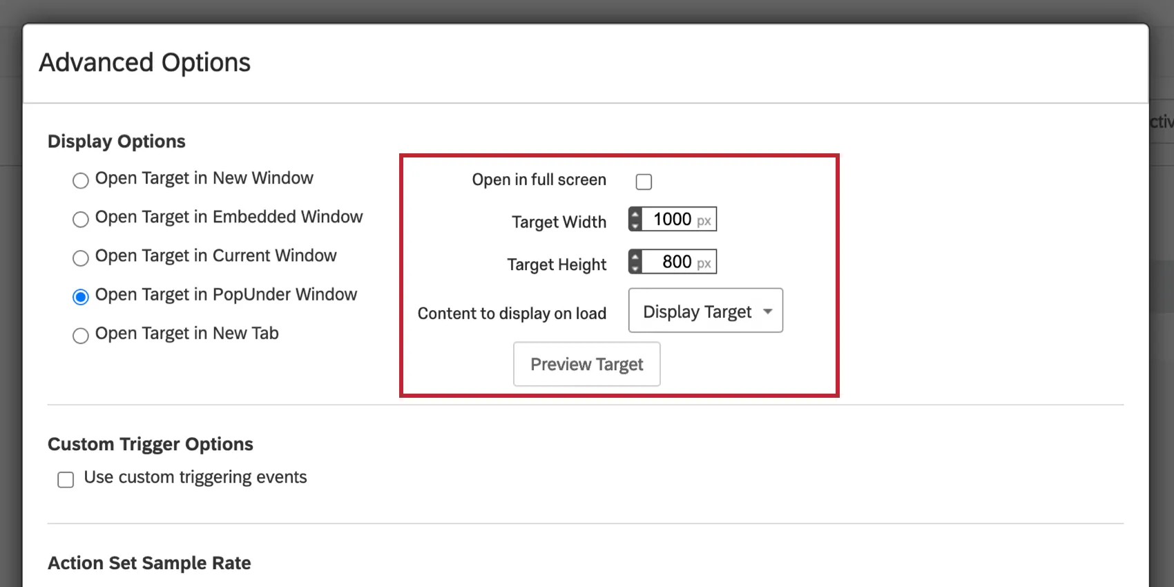 imagen de la selección de Objetivo abierto en la ventana PopUnder para opciones de visualización. Las opciones de objetivo adicionales ahora están disponibles.