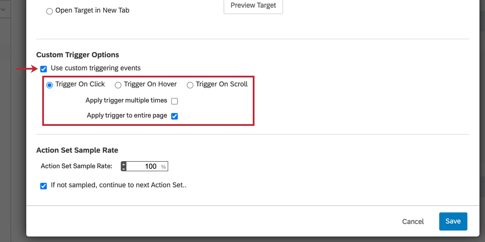image of the custom triggering event. the option is set to trigger on click