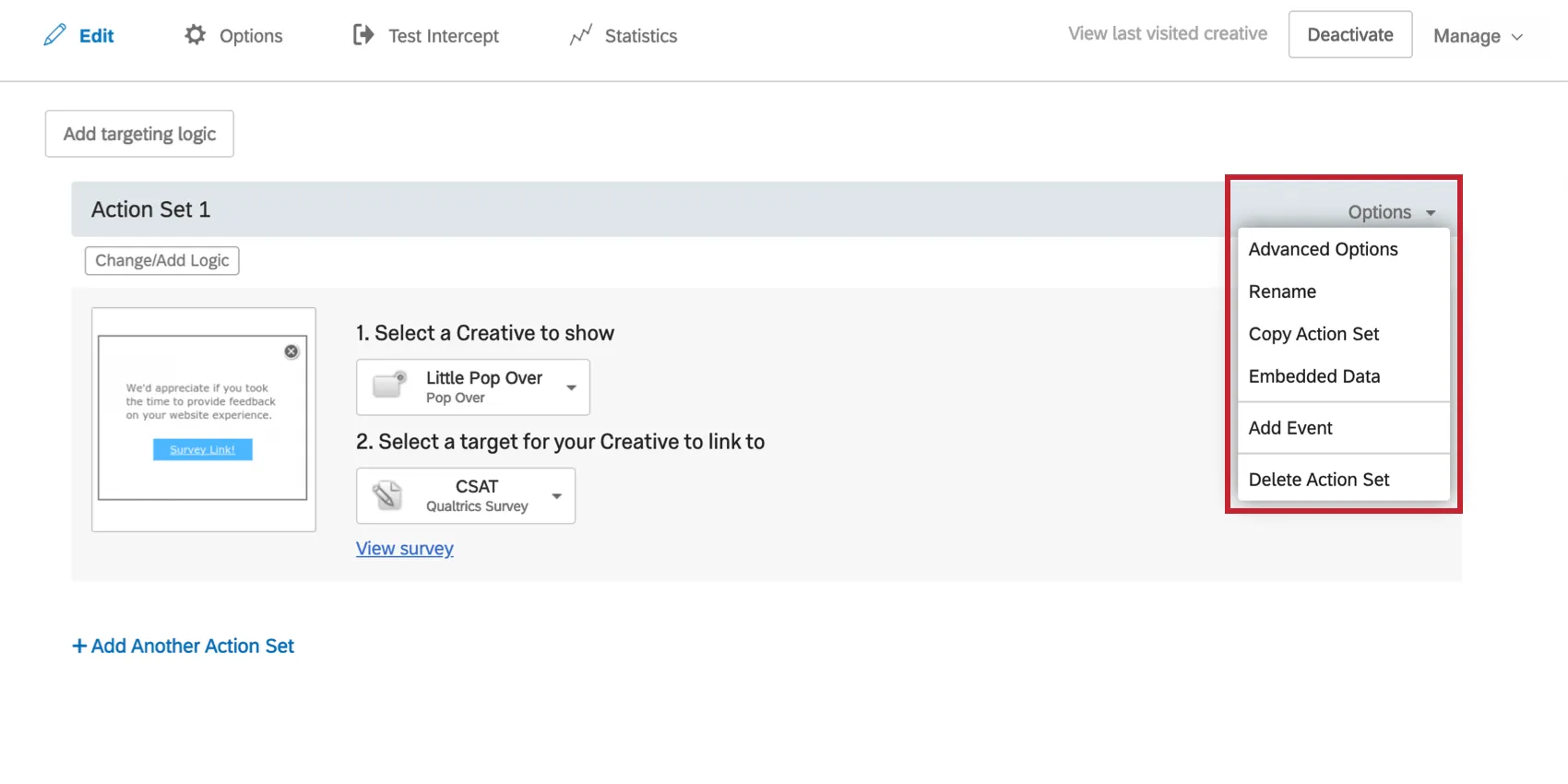 Dropdown-Menü Aktionssatzoptionen