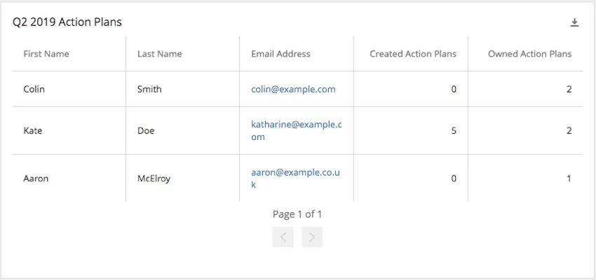 Each row is a different person and there are columns for names, email, how many action plan each person created, and how many action plans each person owns