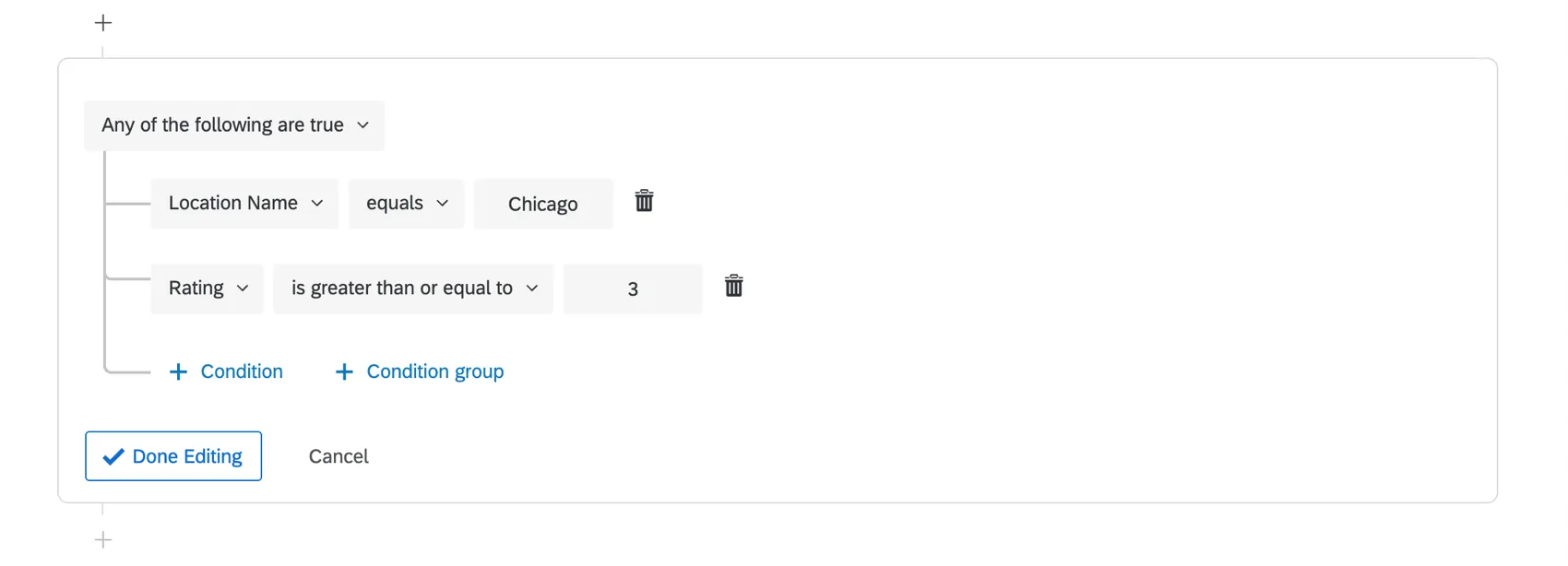 This condition says if the location name is Chicago, and the rating is less than or equal to 3