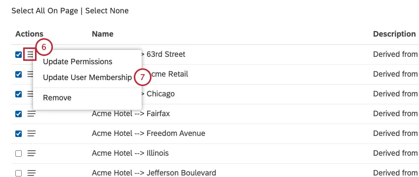 Expand the actions menu next to 1 of the selected groups. Select Update User Membership.