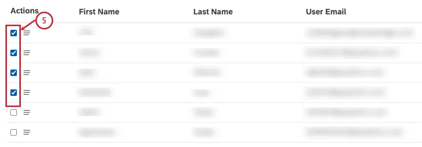 Select multiple user accounts by selecting the checkbox for each user account in the Actions column.