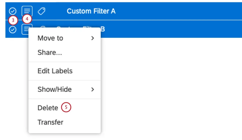 En la página Filtros, busque el filtro que desea eliminar. Si necesita eliminar varios filtros, seleccione cada una de las casillas de verificación siguiente a cada uno de los filtros. Selecciones múltiples comparten el mismo menú de acciones. Expande el menú de acciones siguiente al filtro. Seleccione Eliminar.