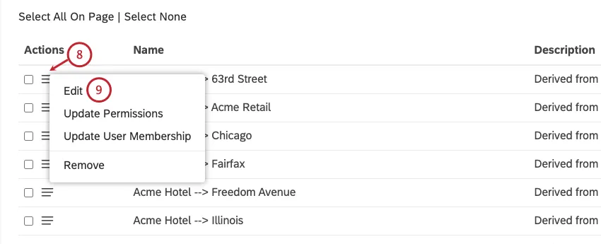 Expanda o menu de ações avançar do grupo que você deseja editar. Selecione Edit.