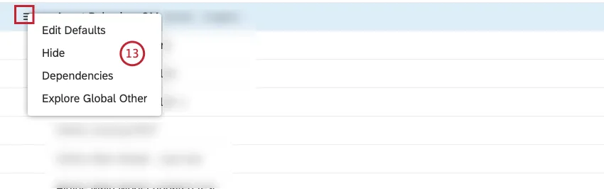 Il menu Azioni consente di modificare le impostazioni predefinite, nascondere o deselezionare gli attributi o i modelli di categoria, vedere quali dashboard, filtri o metriche in Studio utilizzano questo attributo o modello di categoria ed esplorare i dati che non sono stati categorizzati in alcun tema del modello di categoria per analizzare idee, argomenti, parole e nuovi temi non catturati.