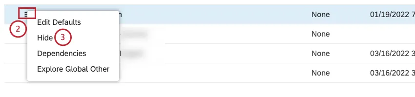 Espandere il menu delle azioni avanti al modello di attributo o di categoria che si desidera nascondere. Selezionare Nascondi per nascondere il modello di attributo o di categoria.