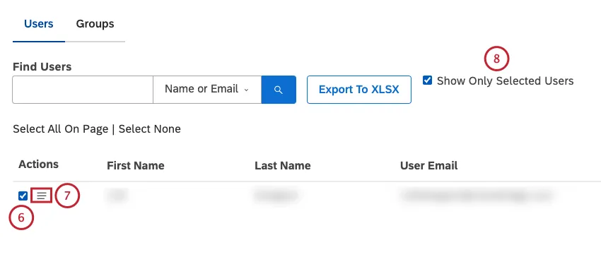 Select 1 or more users to perform bulk actions. Click the actions menu to view a menu that shows the options for managing 1 or more users. Select the Show Only Selected Users checkbox to display only the users you have selected in the table.