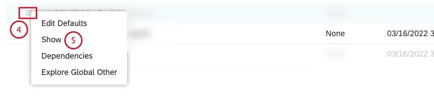 To unhide an attribute or a category model, expand the actions menu next to the attribute or the model you wish to unhide. Select Show.