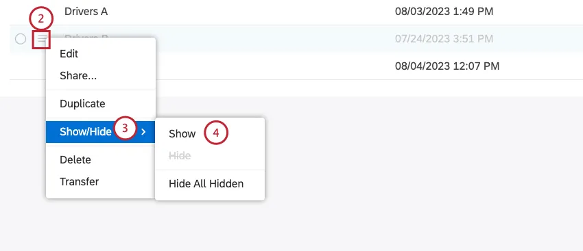 Click the actions menu next to the driver you wish to unhide. Select the checkbox beside each of the drivers that you want to delete to delete more than one driver at once.Select Show/Hide. Select Show.