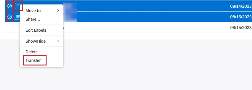To transfer several filters at once, select the checkbox next to each of the filters you wish to transfer, expand the actions menu next to 1 of the selected filters and select Transfer.