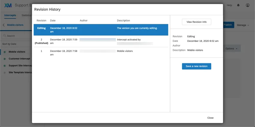 Menu de lhistorique des révisions avec les modifications non publiées surlignées, de sorte quune option Enregistrer une nouvelle révision apparaît à droite