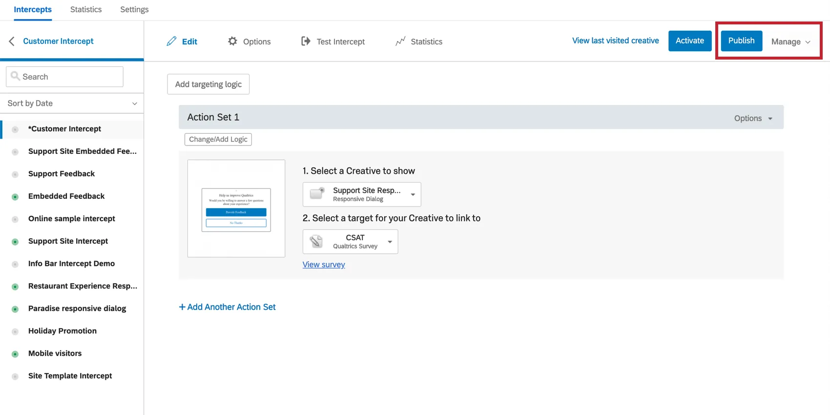Botones Publicar y Administrar en la parte superior derecha de la intercept