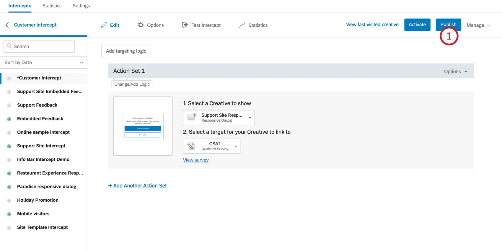 Publish button at the top right of the intercept