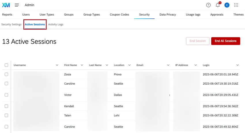 Active Sessions button in the upper-left of the Security tab