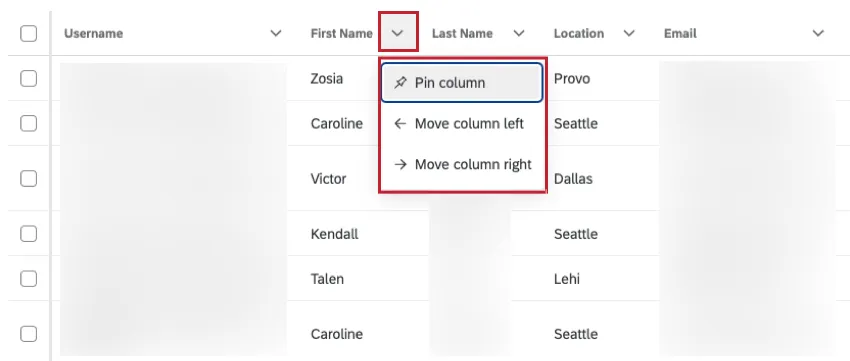 options to adjust columns within active sessions table