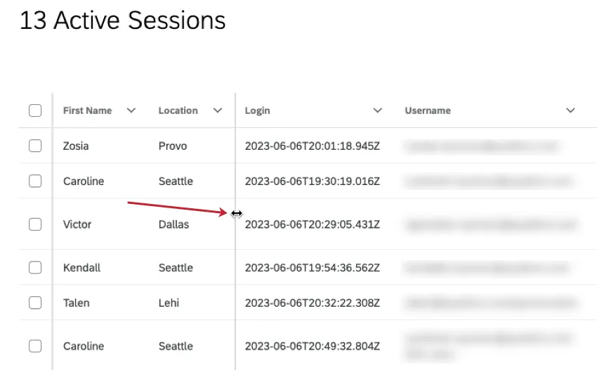 El cursor aparece entre las columnas para ajustar el ancho de la columna