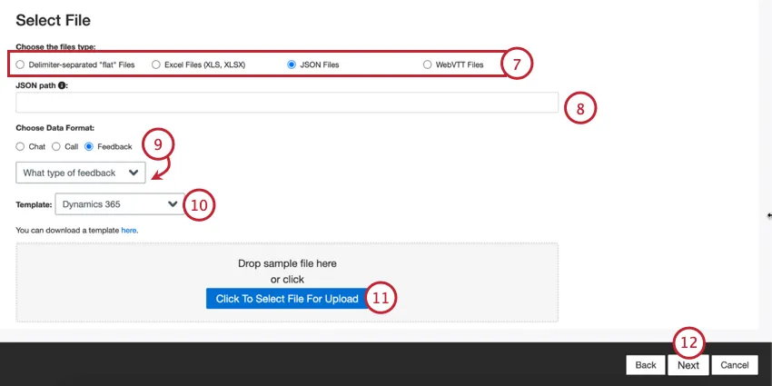 choosing a file type, configuring the file settings, and uploading a template file