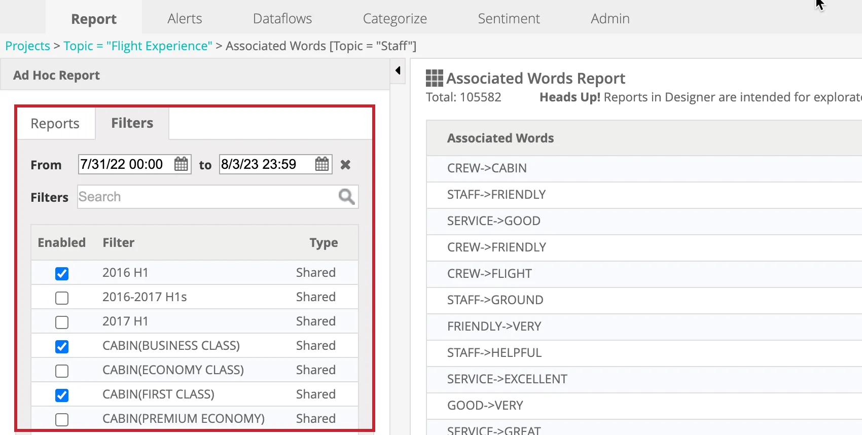 sezione FILTRO della pagina dei rapporti