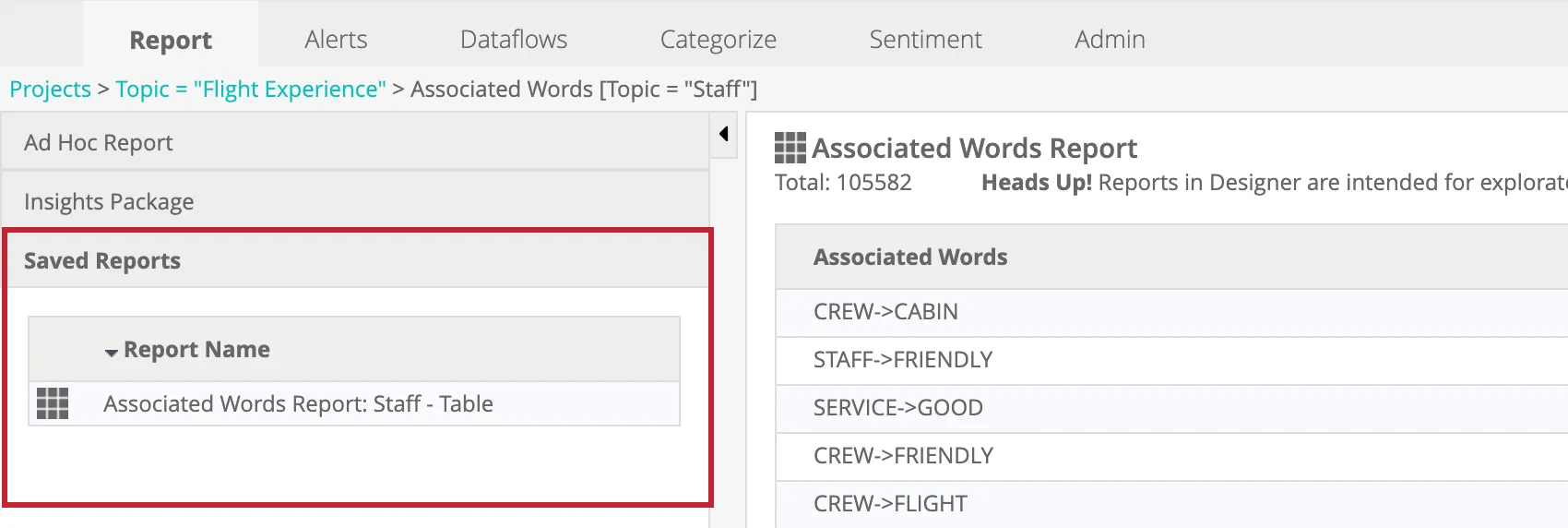 saved reports section of reporting page
