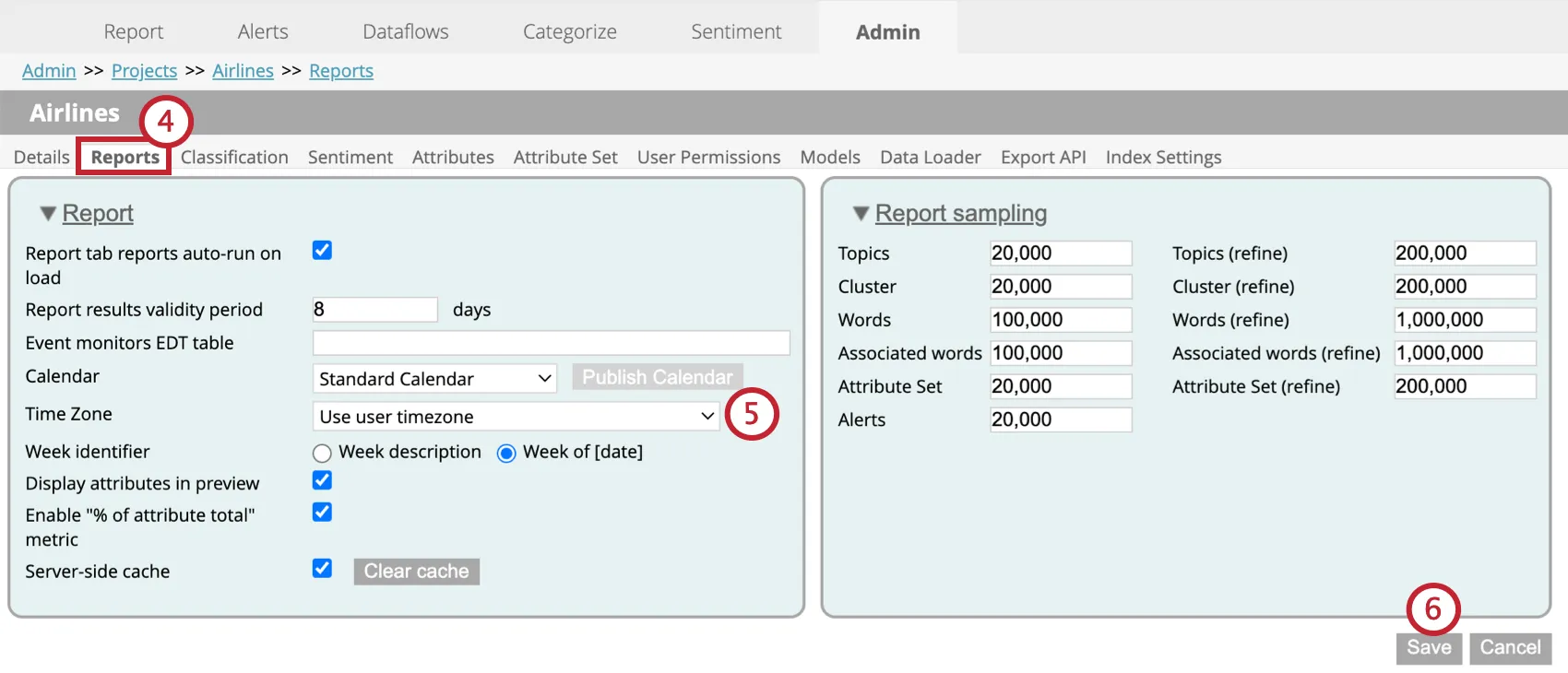 configuring report settings within the admin tab