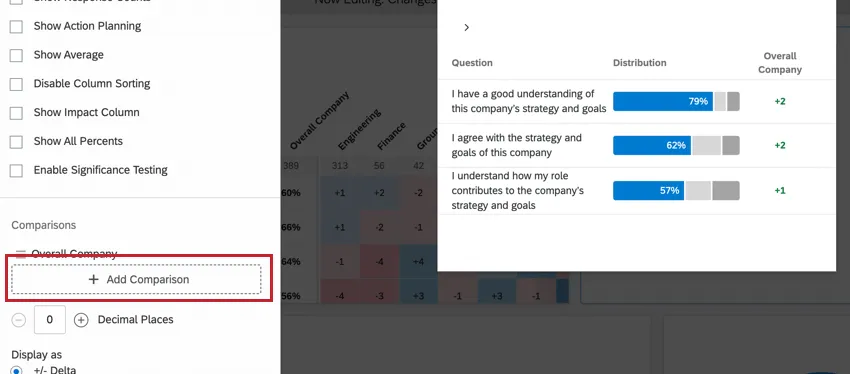 o botão adicionar comparação ao editar um widget