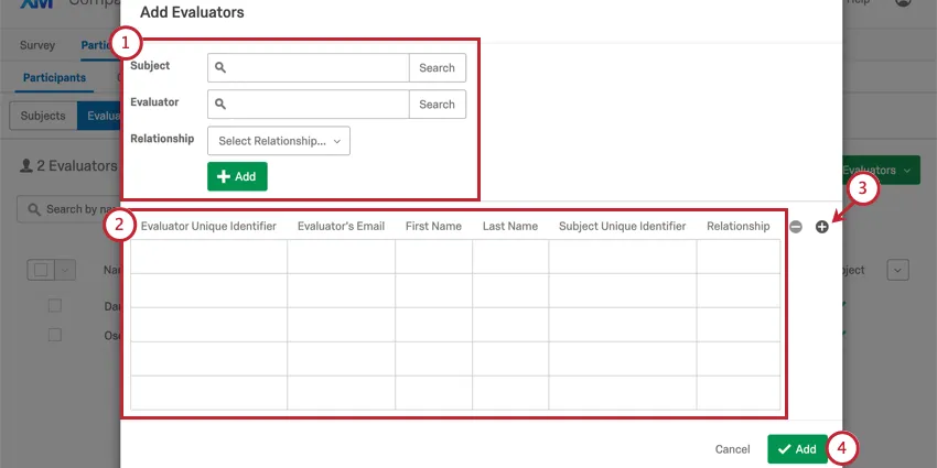 Adicionar avaliadores manualmente na janela pop-up Adicionar avaliadores