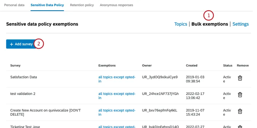 Vaya a exenciones masivas y haga clic en agregar encuesta