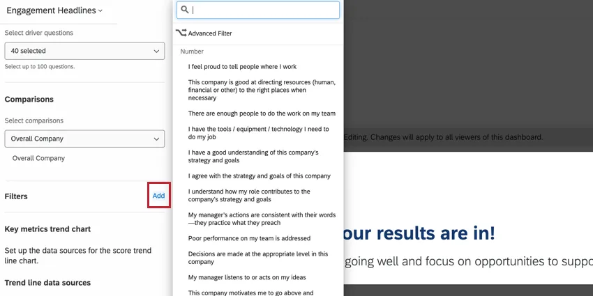 clicar no botão Adicionar na seção de filtros do painel de edição do widget