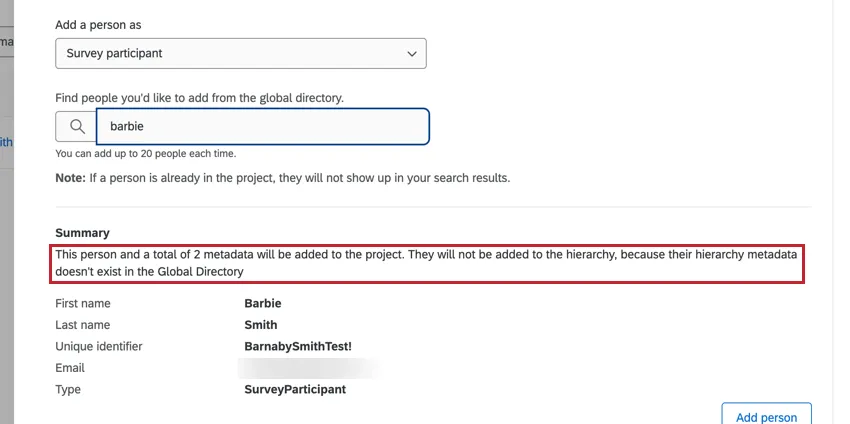 a message about how the participant does not have hierarchy metadata fields