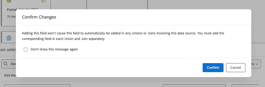 Le message derreur indique que lajout de ce champ nentraînera pas lajout automatique de ce champ dans les unions ou les jointures impliquant cette source de données. Vous devez ajouter le champ correspondant dans chaque Union et Jointure séparément.