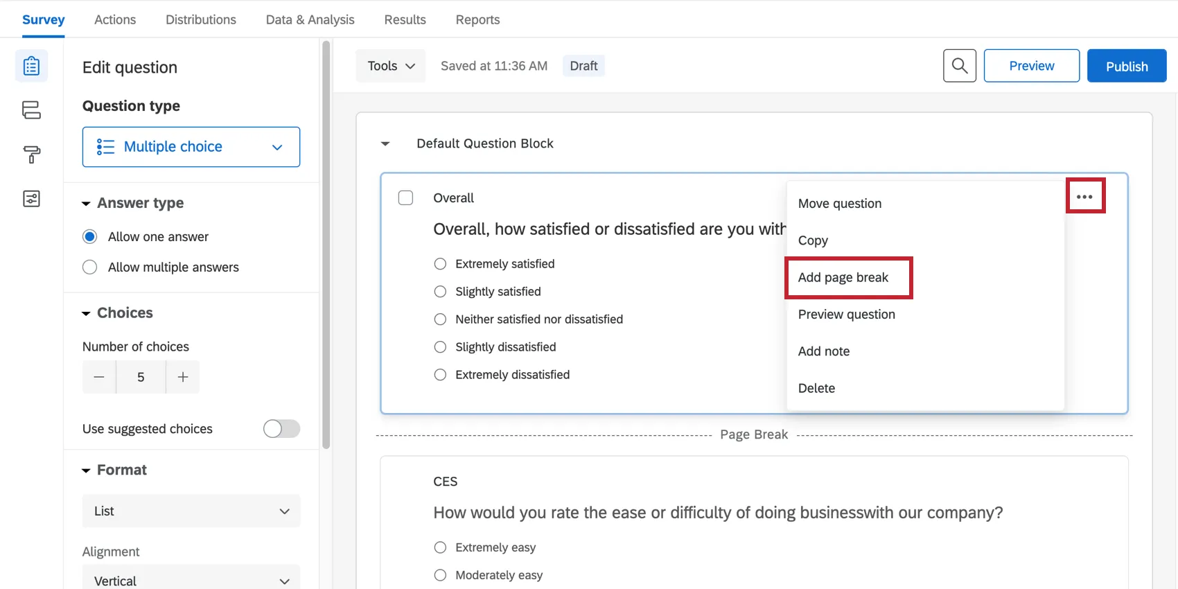 Dots clicked upper-right of question, option in menu that opens to add a page break