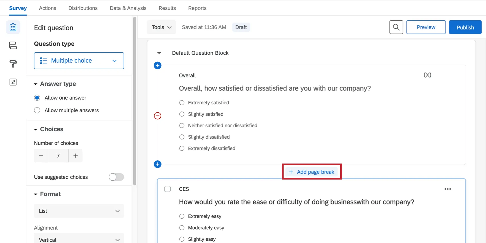 In between questions, a button in blue text that says Add page break