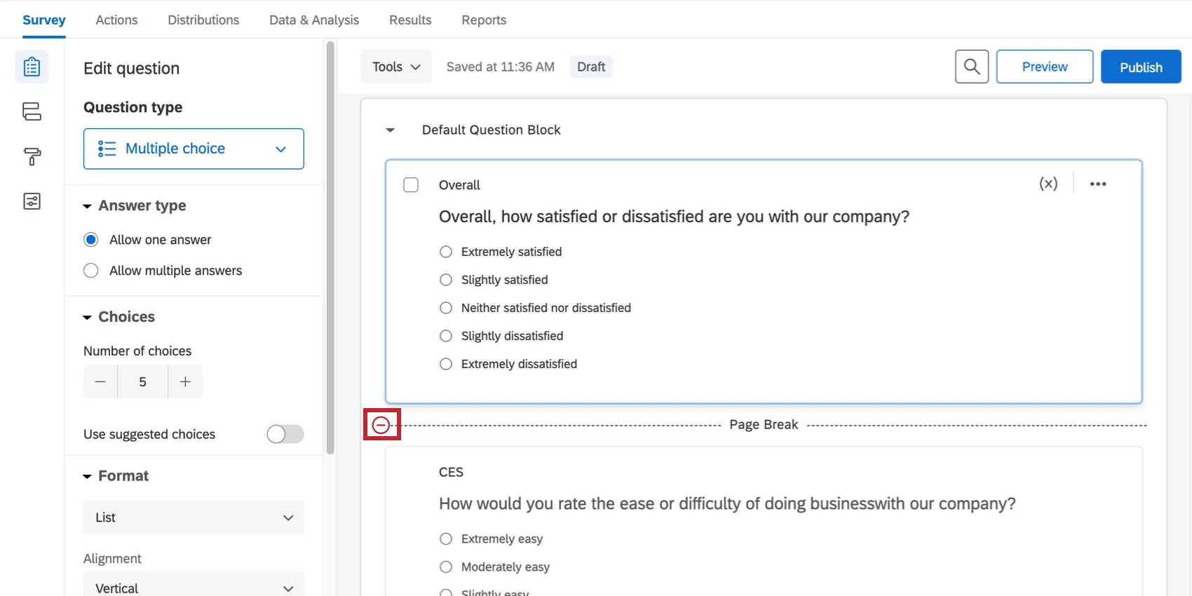 左側に赤いマイナス記号のある、質問と質問の間のページ区切りの画像