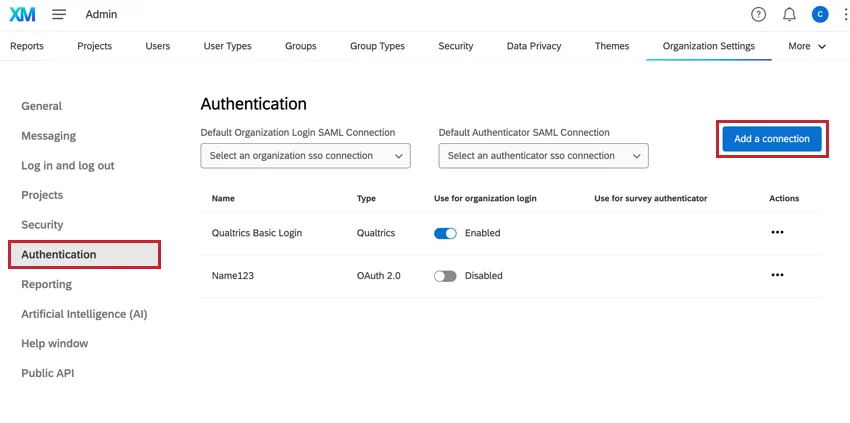 Cliquer sur le bouton Ajouter une connexion dans la section Authentificateur des paramètres de lorganisation