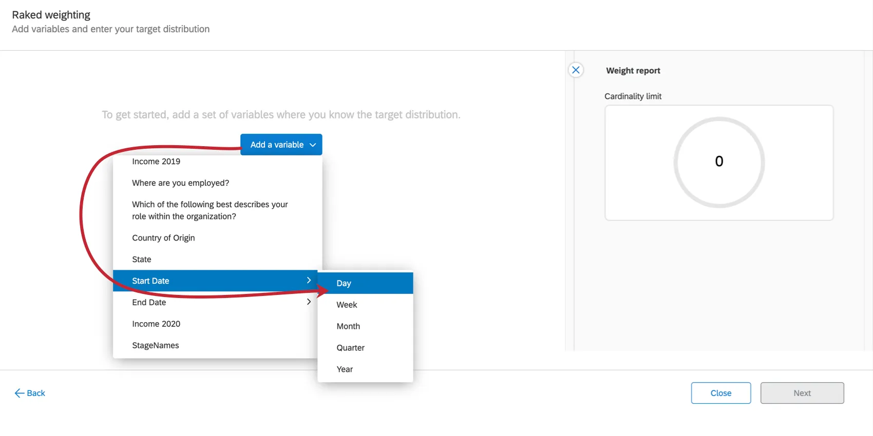 Add variable, shows expansion of menus through the described steps
