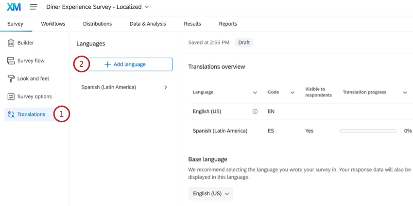 ir para a guia de traduções e clicar em adicionar idioma
