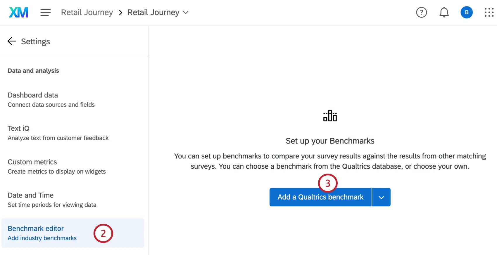 adding a Qualtrics benchmark within the benchmark editor