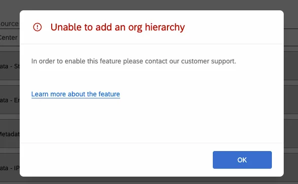 Error window that reads "In order to enable this feature please contact our customer support."