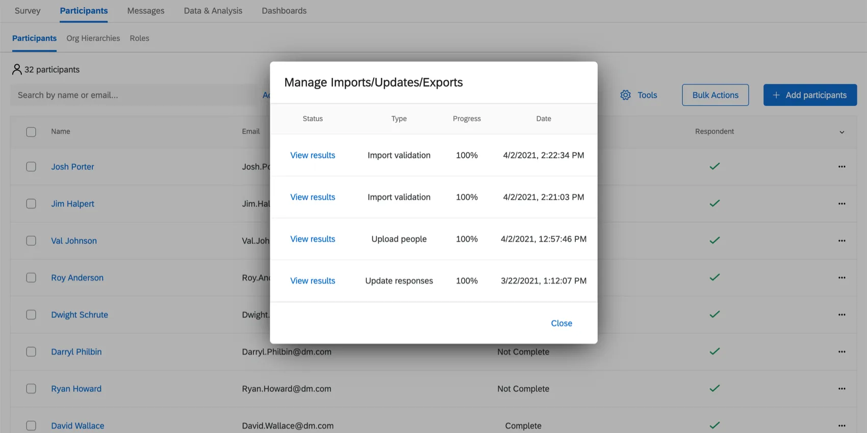 Lista de importações recentes