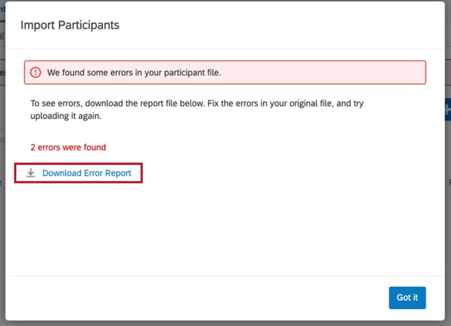 Red error warning message. Link to download errors