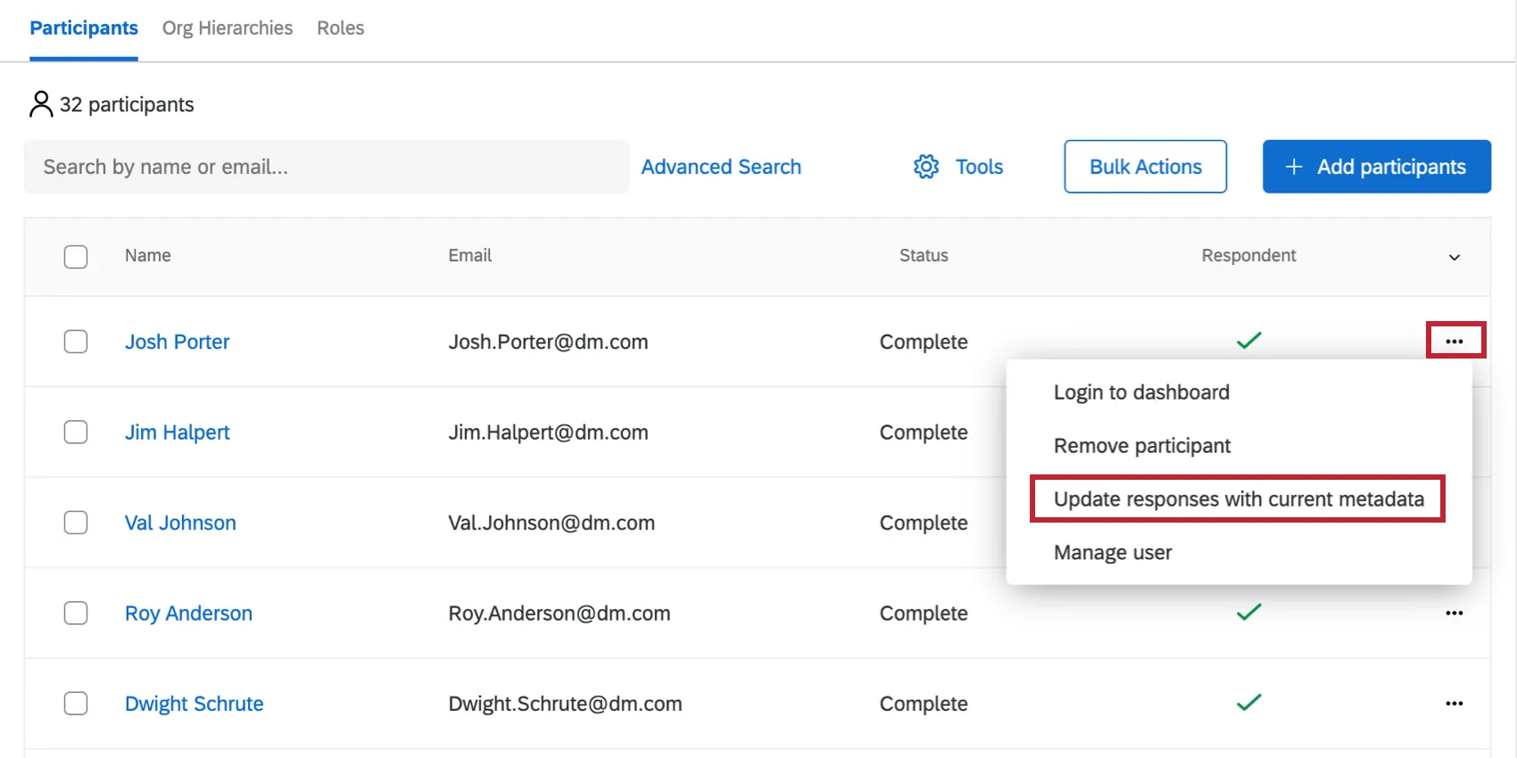 Menu suspenso na extremidade direita do participante na guia participante